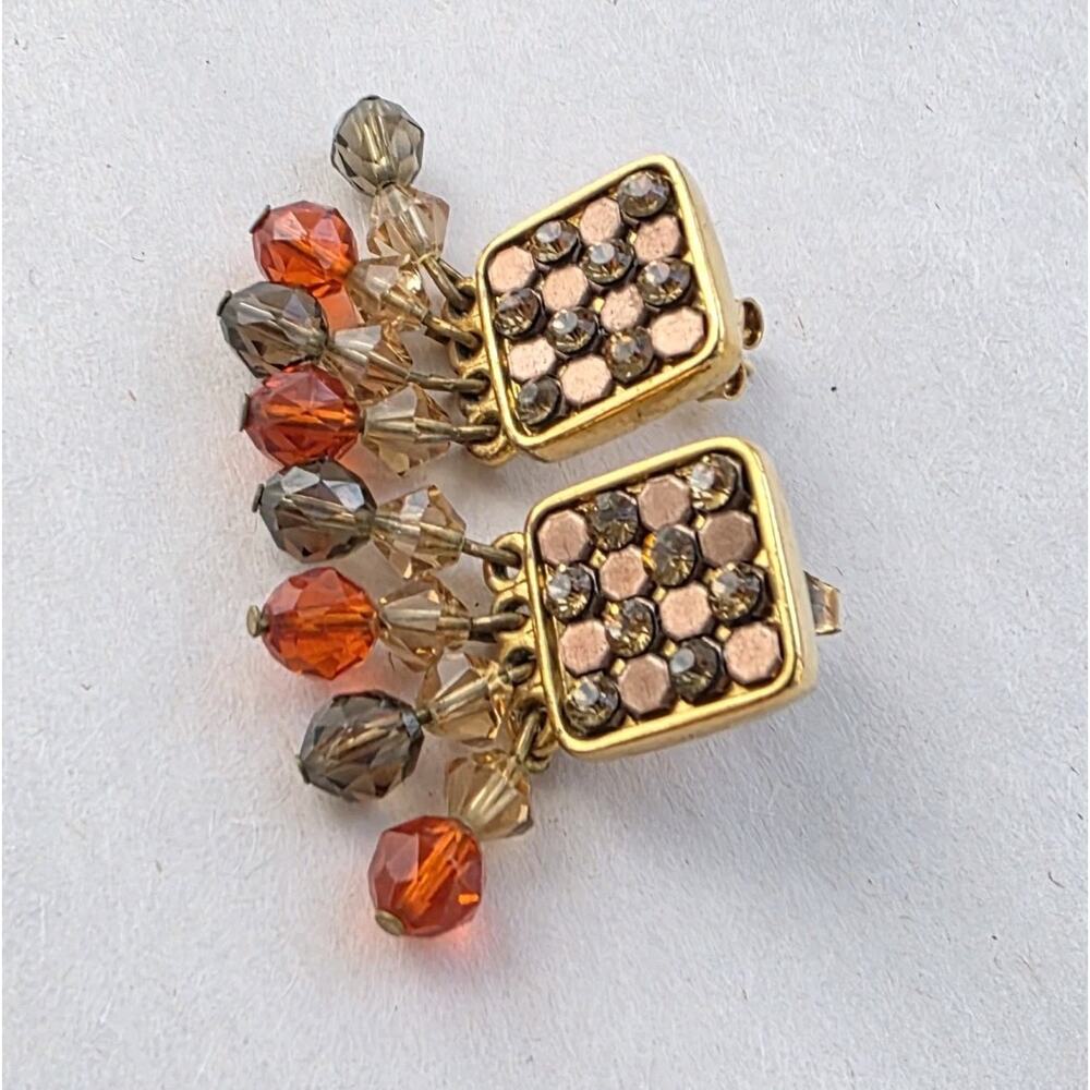 Vtg Swarovski Crystal Burnt Orange 14K Gold Posts Pierced Earrings Dangle‎ Read